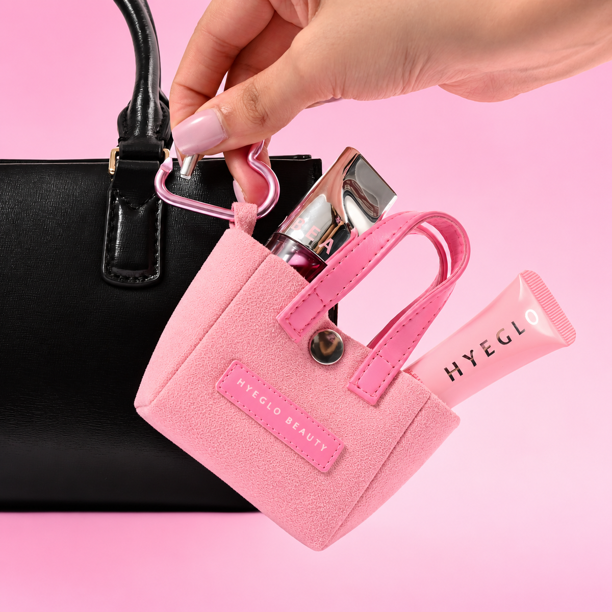 Pink Mini Charm Bag with a heart carabiner