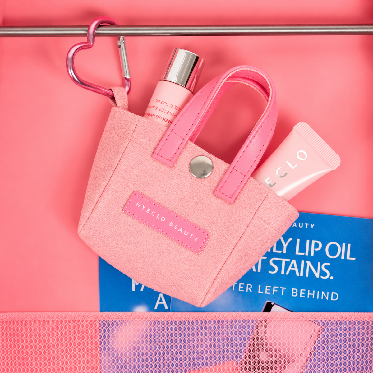 Pink Mini Charm Bag with a heart carabiner